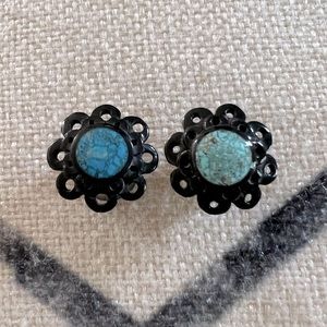 Double flare black and teal flower plugs - 7/16